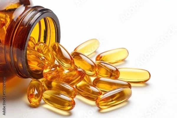 Obraz Liquid omega fish oil capsules spilled from bottle on white background nutritional supplement photography isolated product view health concept