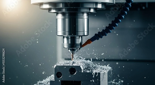 Fototapeta Metal Drilling Process on Cnc Machine with Coolant and Metal Shavings