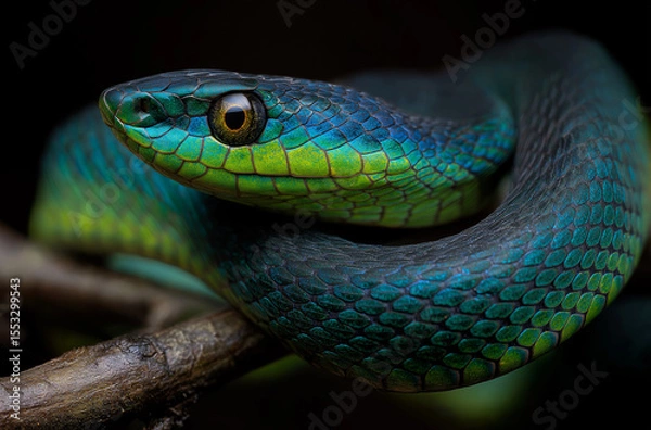 Fototapeta A photo of an elegant blue snake coiled on a branch, snake, reptile.