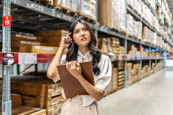 Obraz Focused on her task, Young asian woman holding clipboard meticulously updates inventory records, thinking about project while surrounded by shelves filled with various products in a warehouse