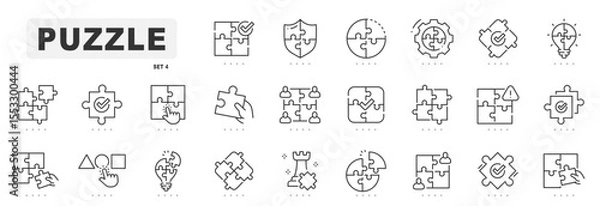 Fototapeta Puzzle related line icons. Jigsaw, idea, solution etc. Editable stroke
