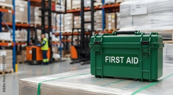 Fototapeta Green first aid kit sits on a pallet in a warehouse, vital for occupational health and safety preparedness in the workplace.