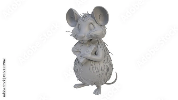 Fototapeta 3D render of a mouse figurine with cheese on a light background. 3D render.