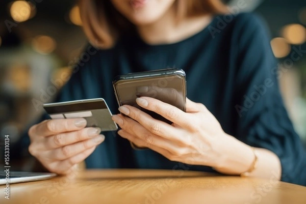 Fototapeta A person holds a credit card and smartphone