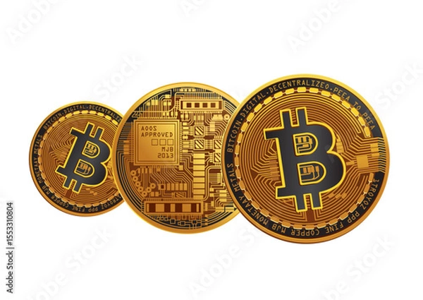 Fototapeta Three golden Bitcoin coins showcasing digital circuitry with the emblematic Bitcoin logo in a futuristic design