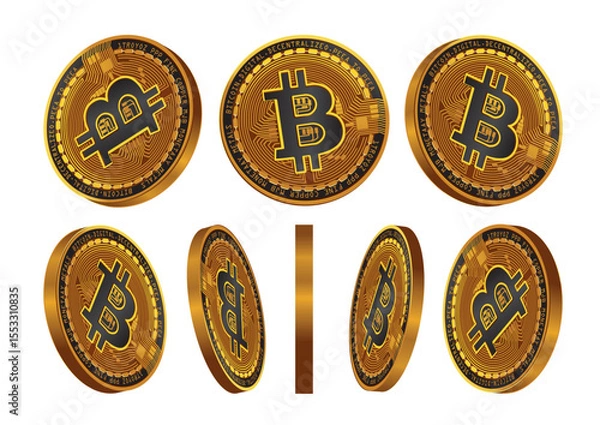 Obraz Showcase of Bitcoin coins detailed with circuitry and logos from various angles to emphasize their digital features and design
