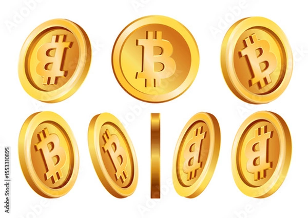 Fototapeta A collection of Bitcoin coins shown from different perspectives to showcase their detailed design and engaging features