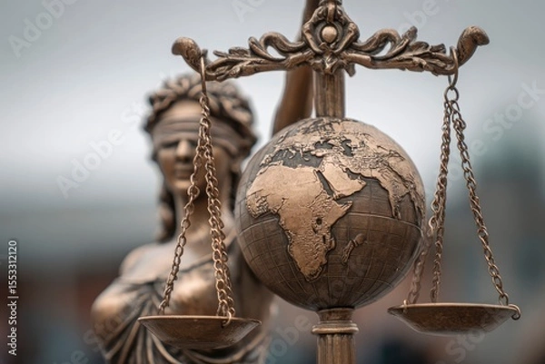 Fototapeta A statue of Lady Justice holds scales with a globe between the pans