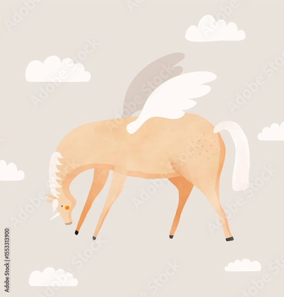 Obraz Cute Magical Unicorn. Funny Simple Vector Illustration Of Light Brown Unicorn With White Wings on a Light Gray Background. Nursery Art Ideal For Wal Art, Poster, Card. Kids Room Decoration. 