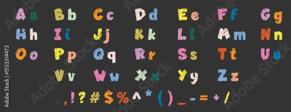 Fototapeta Hand-drawn English alphabet in crayon style. Colorful uppercase letters with a chalk, pastel, or wax texture. Highlighter effect on a whiteboard, ideal for kindergarten drawing and early learning. EPS