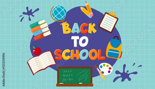 Fototapeta Horizontal poster or web banner in a trendy doodle style featuring geometric shapes, bold design elements, and modern typography. Perfect for back-to-school, college, education, and study-related conc