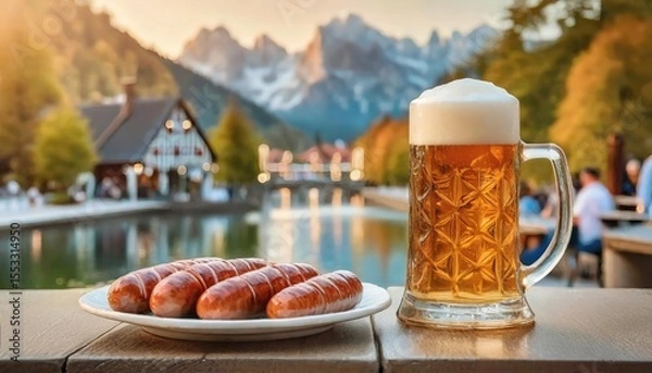 Fototapeta A plate of sausages with a large mug of beer on an outdoor table with a scenic mountain backdrop.