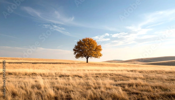 Fototapeta Lone Autumn Tree Standing in a Golden Grassy Field Under Blue Sky