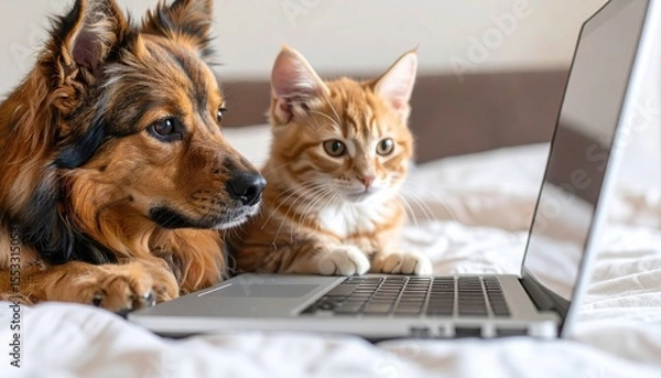 Fototapeta Cat and dog closely watching laptop screen on bed, symbolizing modern digital interaction, interspecies friendship, or home relaxation
