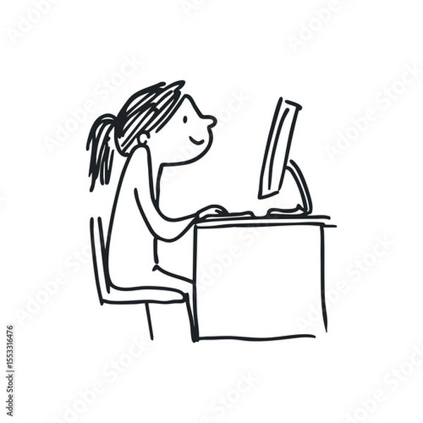 Fototapeta Doodle illustration of a woman working on computer on isolated white background