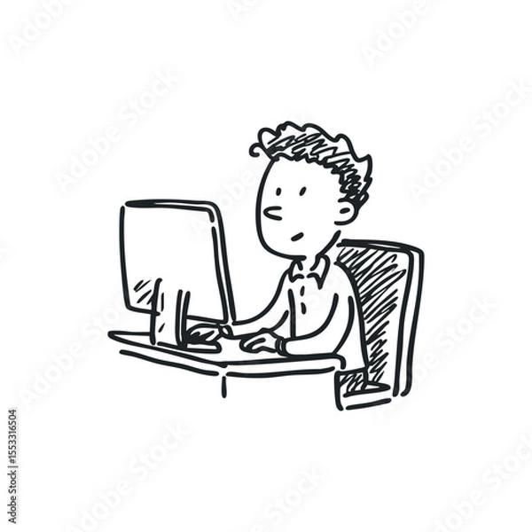 Fototapeta Doodle illustration of a man working on computer on isolated white background