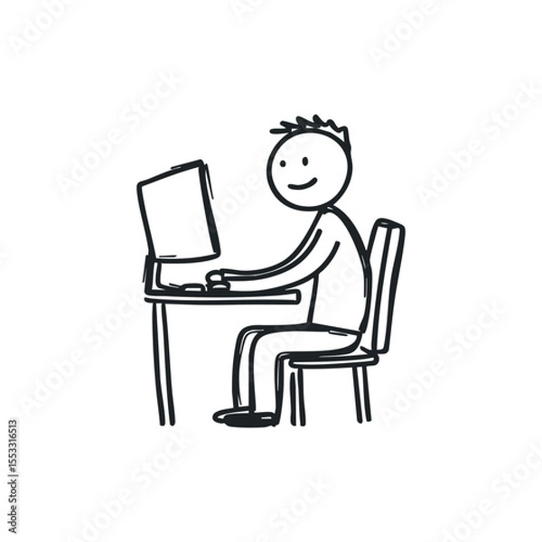 Fototapeta Doodle illustration of a man working on computer on isolated white background