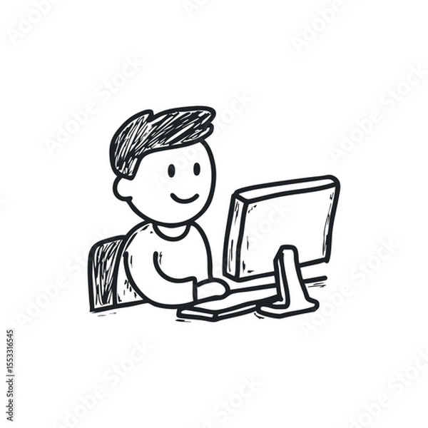 Fototapeta Doodle illustration of a man working on computer on isolated white background
