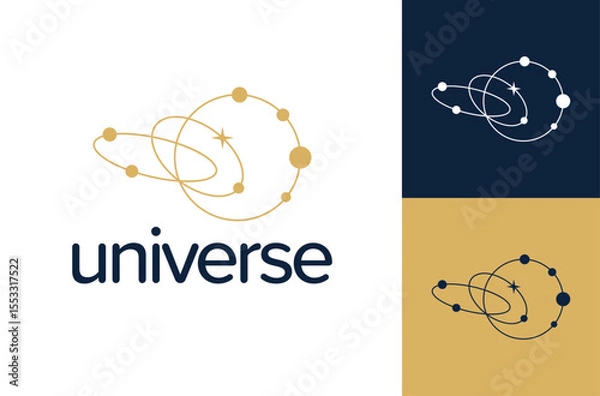 Fototapeta celestial logo. Vector golden logo on which an abstract image of the solar system with planets. Cosmic Galaxy Planetary Logo Design