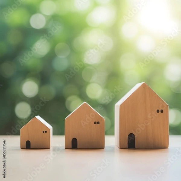 Fototapeta Three wooden house models of increasing size on a wooden surface with a blurred green background