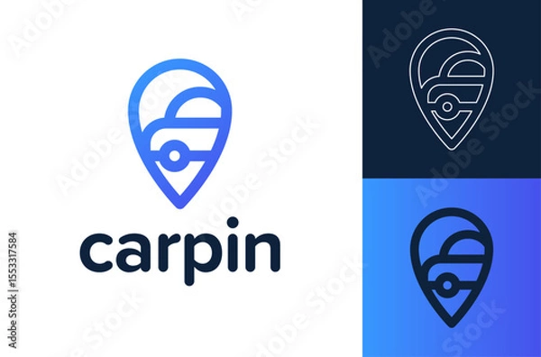 Fototapeta Pin Map Car Location logotype. Auto Pin Car Point Automotive Logo Design Template. for map, apps, and location. line style icon