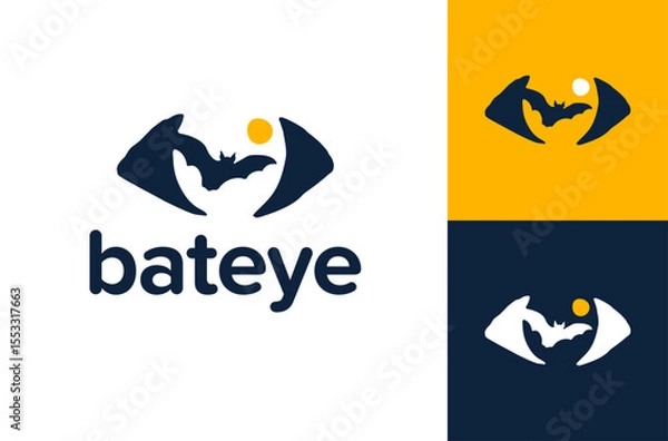 Fototapeta bat eye moon logo. Flying Bat Animal Logo Design with human eye and yellow moon vector illustration