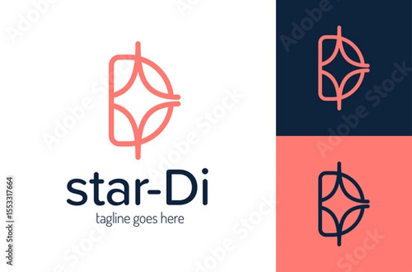 Fototapeta Line letter D logo design vector illustration. Initial Letter D Dream with 4 Four Pointed Star logo design