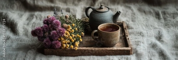 Fototapeta Banner with rustic herbal tea with wildflowers on linen background served in handmade stoneware cup and teapot
