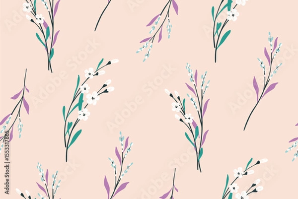 Fototapeta Seamless floral pattern, delicate botanical print with wildflowers in pastel colors. Romantic floral design of gentle hand drawn plants, small flowers, tiny leaves, twigs on pink. Vector illustration