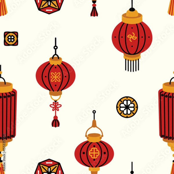 Fototapeta Seamless pattern with red paper lanterns. Repeating tile design with decorative festive Chinese lanterns on white background. Vector illustration.