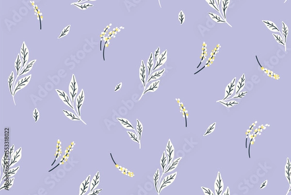 Fototapeta Seamless floral pattern, delicate floral design tile in pastel colors. Cute botanical print with small hand drawn flowers, tiny leaves, twigs abstractly on lilac background. Vector illustration.