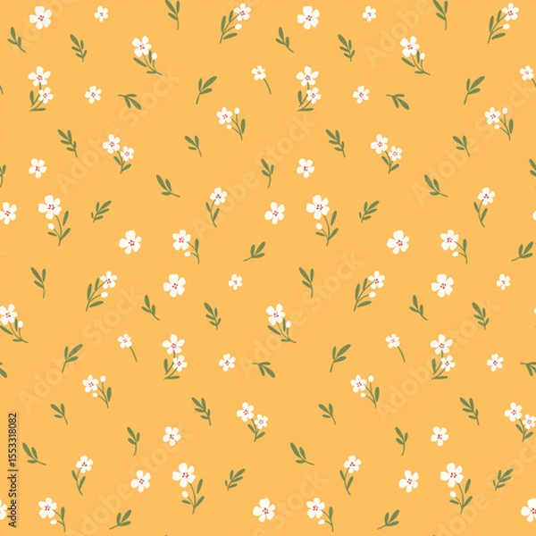 Fototapeta Seamless floral pattern, liberty ditsy print of tiny pretty daisies on yellow field. Simple cute botanical design of small hand drawn flowers, leaves, simple mini plants. Textile fashion print. Vector
