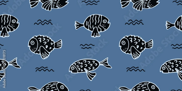 Fototapeta Seamless pattern with simple hand drawn fish. Cute funny fishes swimming on blue background. Funny graphic design surface, textile or wallpaper print with simple fish. Vector illustration.