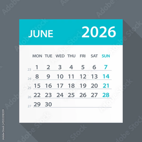 Fototapeta June 2026 Calendar Green Leaf - Vector Illustration. Week starts on Monday