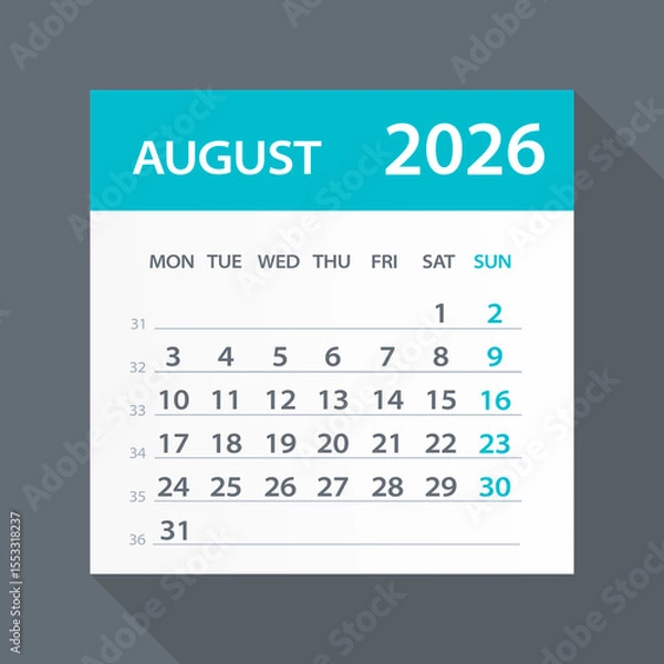 Fototapeta August 2026 Calendar Leaf - Vector Illustration. Week starts on Monday