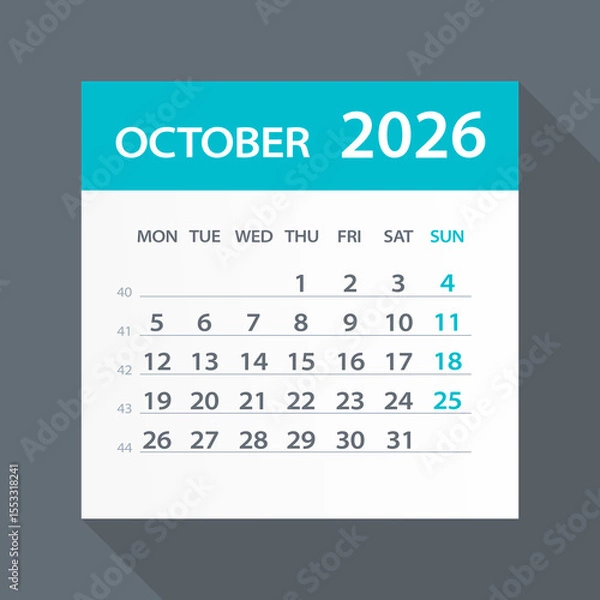 Fototapeta October 2026 Calendar Green Leaf - Vector Illustration. Week starts on Monday