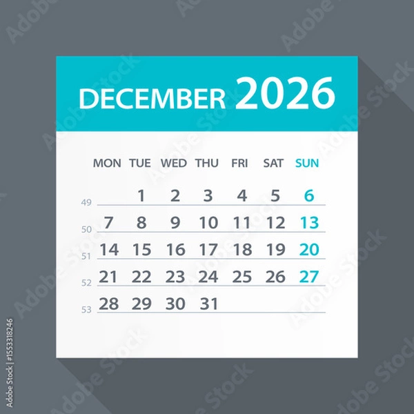 Fototapeta December 2026 Calendar Green Leaf - Vector Illustration. Week starts on Monday
