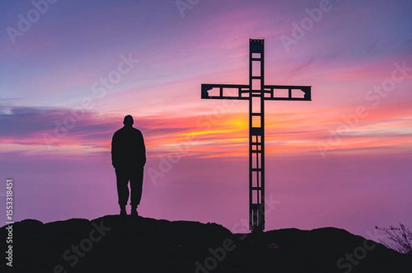 Fototapeta A man stands on a hill with a cross in the background. The sky is purple and the sun is setting