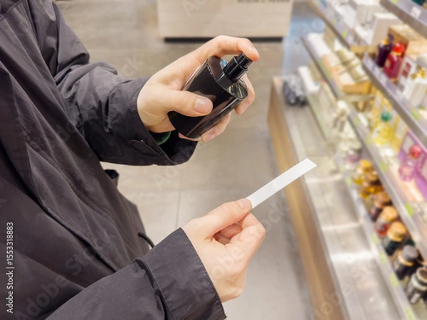 Obraz Man buying make up at cosmetics section in store. choosing cosmetics, perfumes, creams and shampoos, Using tester.


