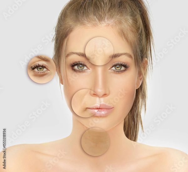 Obraz Signs of skin aging,signs of premature aging, Wrinkles and fine lines,Age spots,Sagging skin,Dehydrated skin,eyelid area