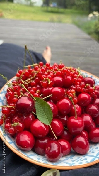 Fototapeta Red cherries in a bowl. Fresh sweet fruits with vitamins ready to eat. Harvest from own garden. Close up. Vertical.