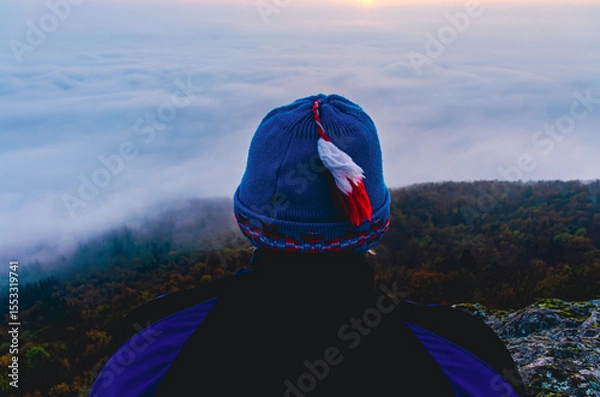 Fototapeta A person wearing a blue hat with a red feather on it. The hat is on a person's head