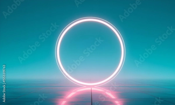 Fototapeta Glowing Pink Circle Portal on a Reflective Blue Floor, Abstract Background