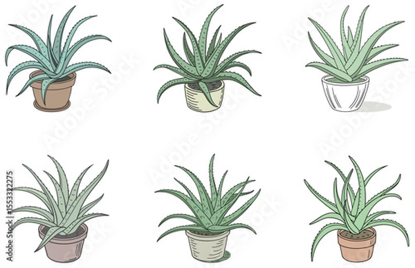 Obraz Aloe Vera in Pot Vector Designs Set Flat Minimal Succulent Clipart for Print and Digital Use