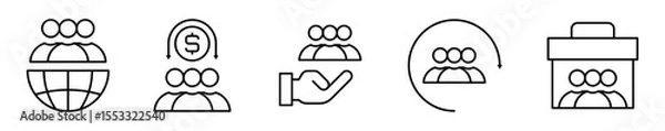 Obraz Conjunto de iconos de equipos de trabajo. Colaboración, unión y objetivos compartidos. Personas sobre globo, moneda, flecha circular y maletín de trabajo. Ilustración vectorial