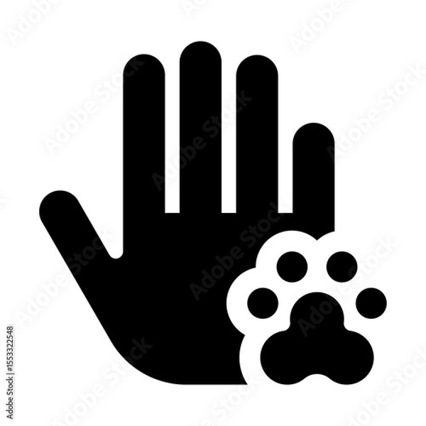 Obraz icono de conexión humano animal. Mano humana con de animal, vínculo entre personas y mascotas, cuidado, ternura y responsabilidad afectiva. Ilustración vectorial