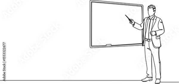 Obraz continuous single line drawing of lecturer pointing at whiteboard, line art vector illustration
