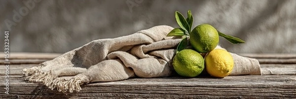 Fototapeta Fresh lime and lemon with leaves on rustic linen cloth and wooden table in natural daylight