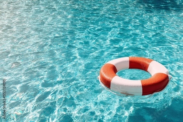 Fototapeta Red  white life preserver floats in a pool with crystal clear blue water
