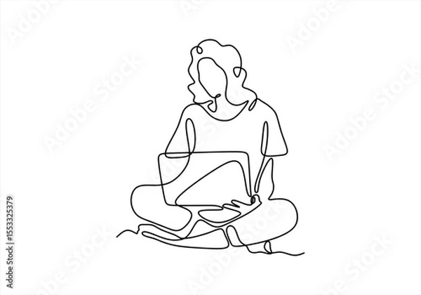 Fototapeta Woman working on a laptop, one-line drawing.  line icon-continuous line drawing. Editable stroke.